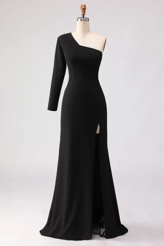 Black One Shoulder Mermaid Long Sleeve Satin Maxi Dress with Slit sold by Zapaka