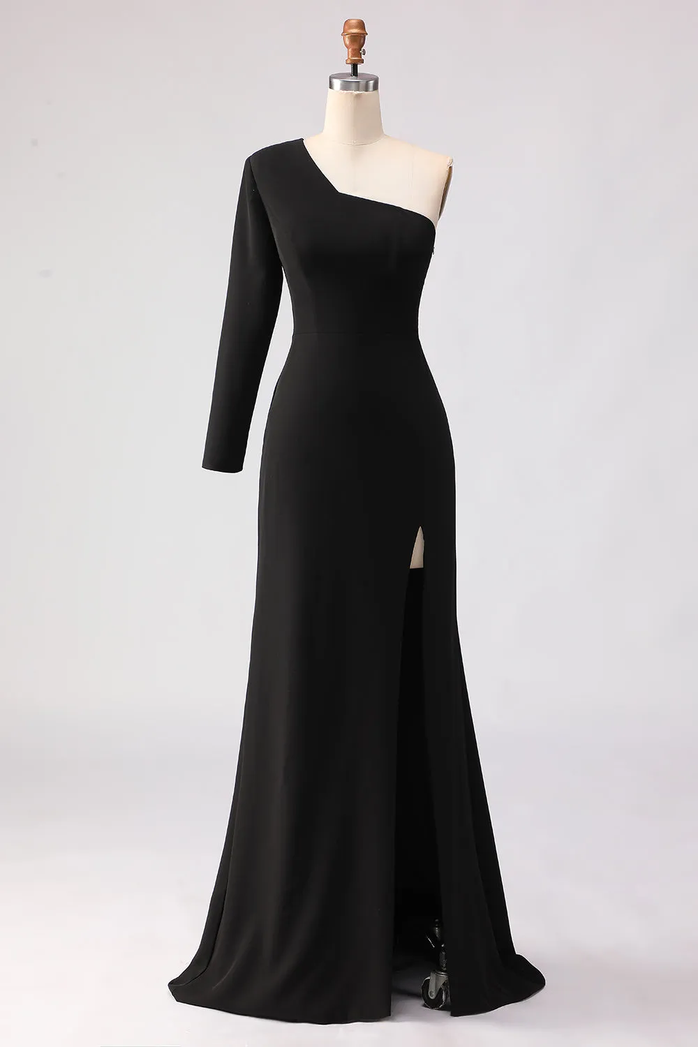 Black One Shoulder Mermaid Long Sleeve Satin Maxi Dress with Slit sold by Zapaka