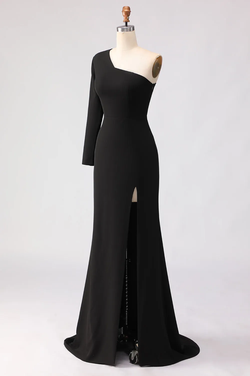 Black One Shoulder Mermaid Long Sleeve Satin Maxi Dress with Slit sold by Zapaka product image thumbnail 4