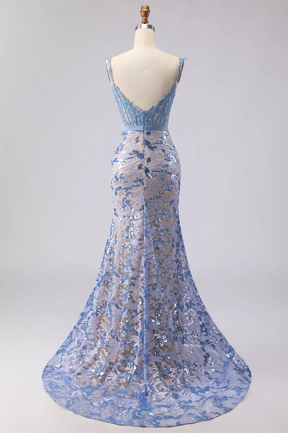 Mermaid Grey Blue Corset Appliqued Sequin Long Prom Dress with Bow sold by Zapaka product image thumbnail 3