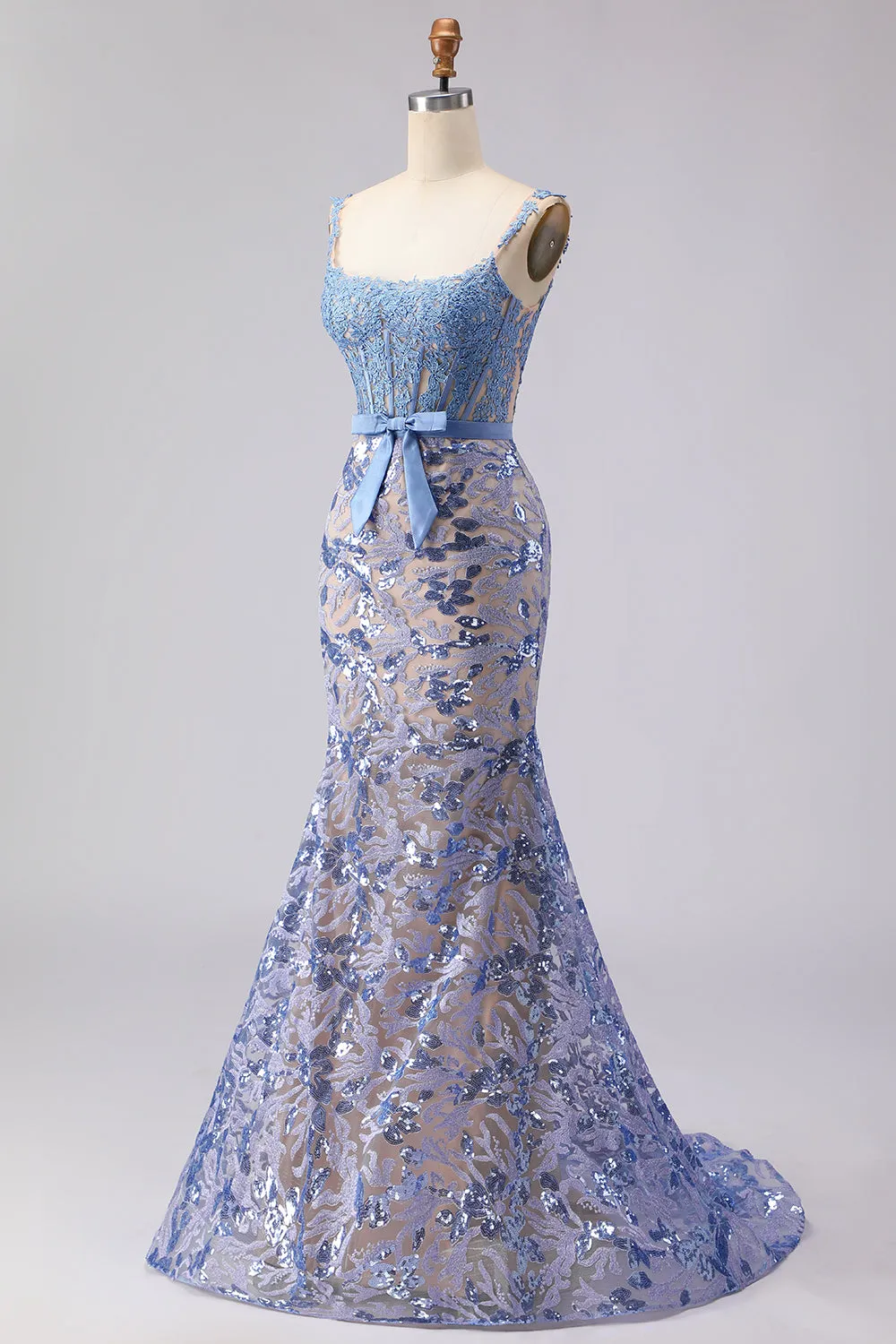 Mermaid Grey Blue Corset Appliqued Sequin Long Prom Dress with Bow sold by Zapaka product image thumbnail 5