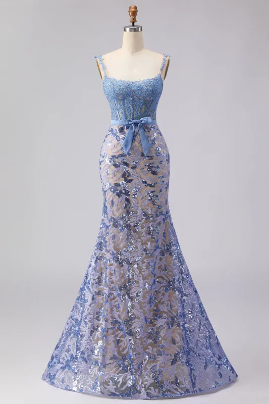 Mermaid Grey Blue Corset Appliqued Sequin Long Prom Dress with Bow sold by Zapaka