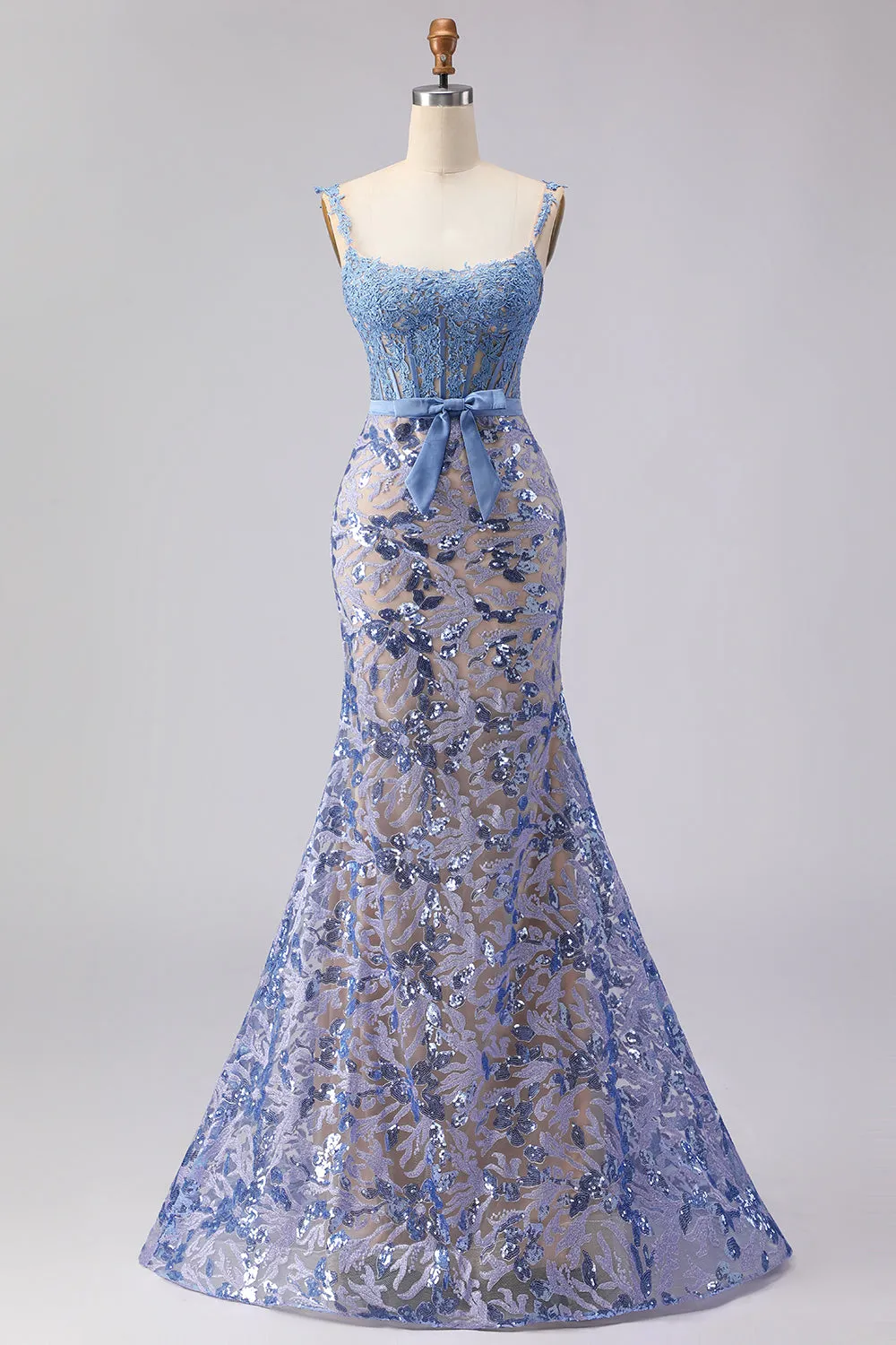 Mermaid Grey Blue Corset Appliqued Sequin Long Prom Dress with Bow sold by Zapaka