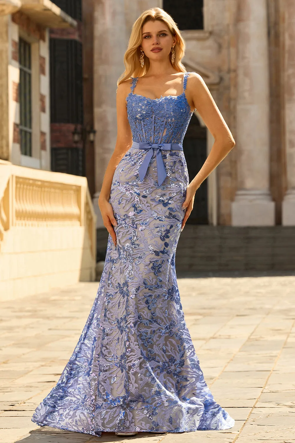 Mermaid Grey Blue Corset Appliqued Sequin Long Prom Dress with Bow sold by Zapaka product image thumbnail 2