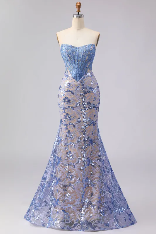 Grey Blue Strapless Mermaid Corset Long Prom Dress with Sequins sold by Zapaka