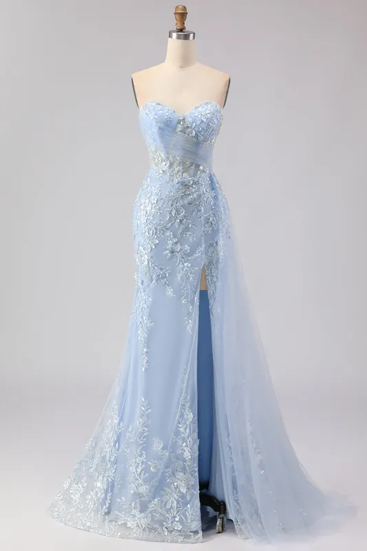 Blue Mermaid Sweetheart Corset Beaded Sequin Long Prom Dress with Slit sold by Zapaka