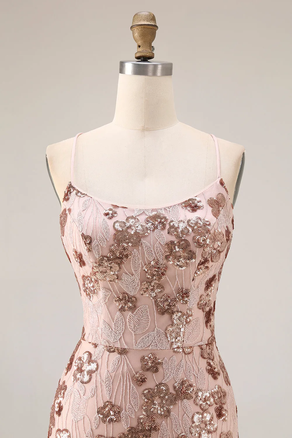 Sparkly Rose Golden Mermaid Lace Up Back Long Prom Dress with Sequins sold by Zapaka product image thumbnail 4