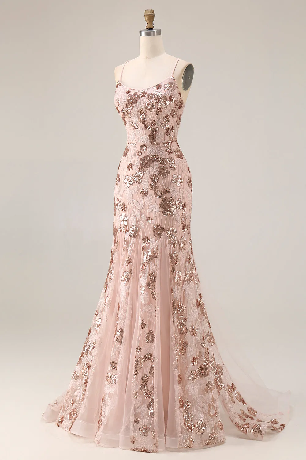 Sparkly Rose Golden Mermaid Lace Up Back Long Prom Dress with Sequins sold by Zapaka product image thumbnail 3