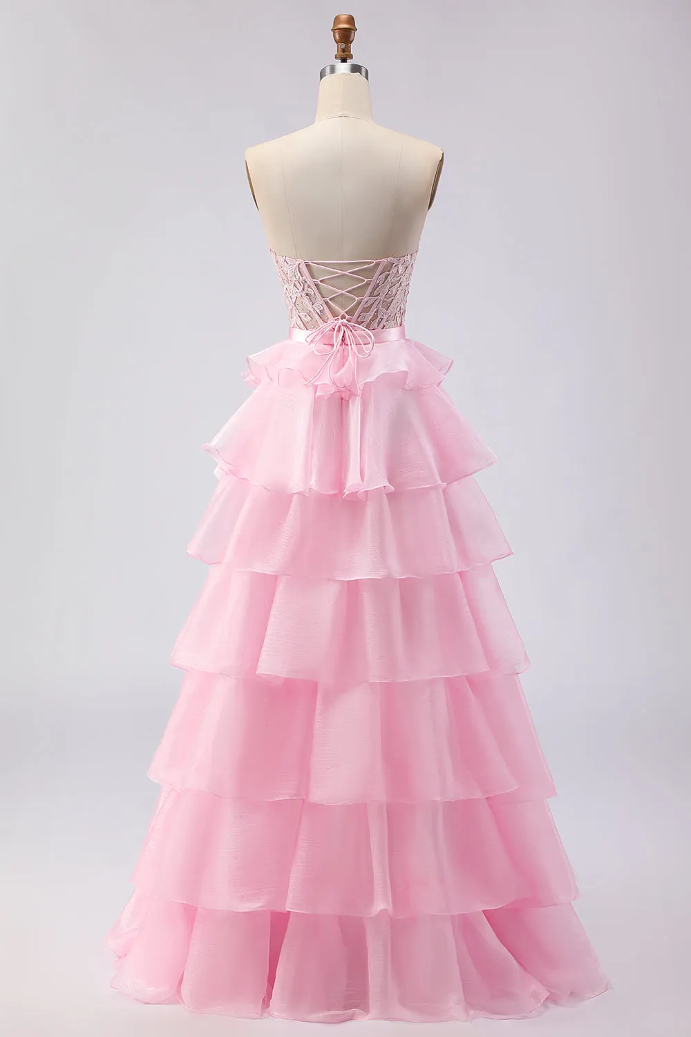 Pink Strapless Tiered A Line Corset Beaded Long Prom Dress with Slit sold by Zapaka product image thumbnail 2