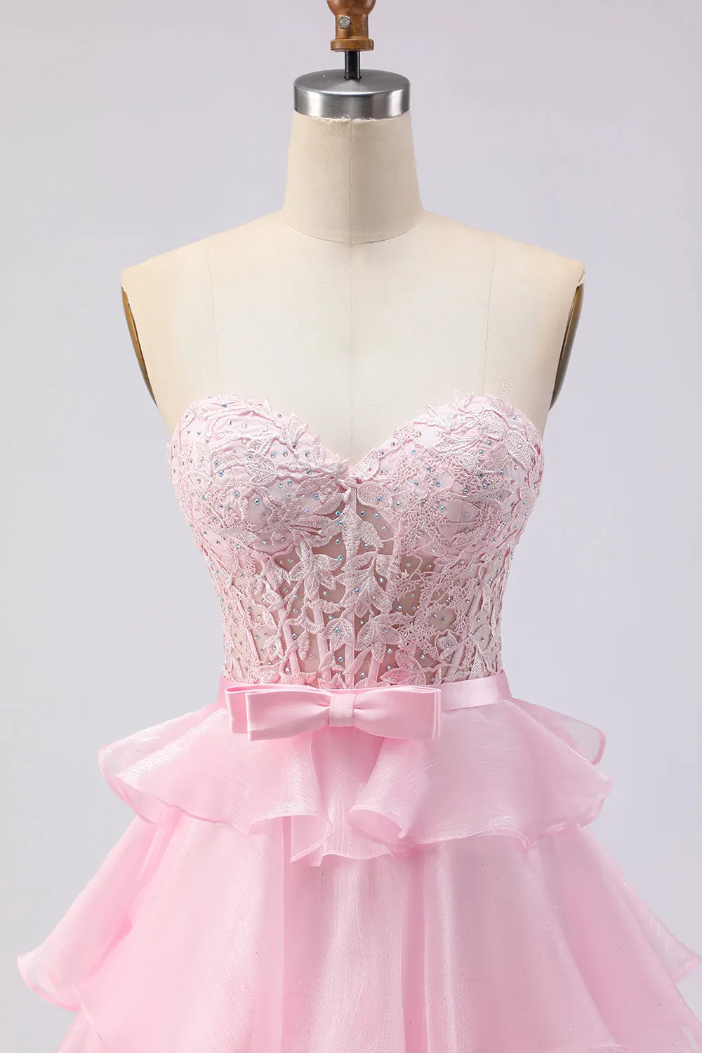 Pink Strapless Tiered A Line Corset Beaded Long Prom Dress with Slit sold by Zapaka product image thumbnail 4