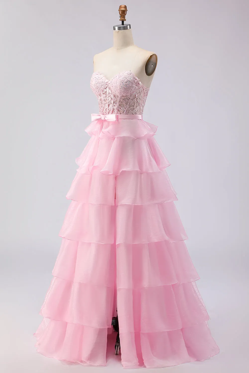 Pink Strapless Tiered A Line Corset Beaded Long Prom Dress with Slit sold by Zapaka product image thumbnail 3