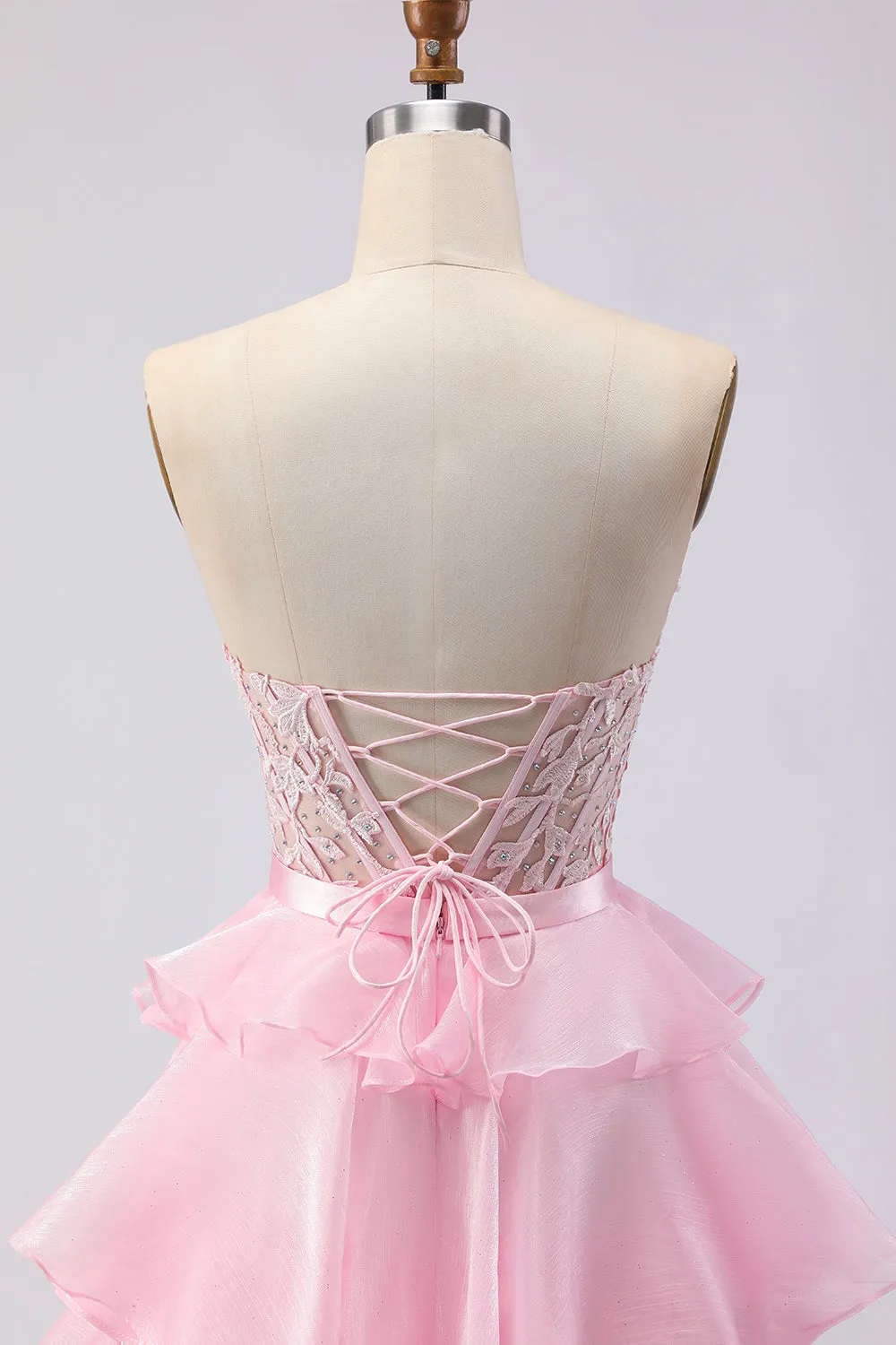 Pink Strapless Tiered A Line Corset Beaded Long Prom Dress with Slit sold by Zapaka product image thumbnail 5