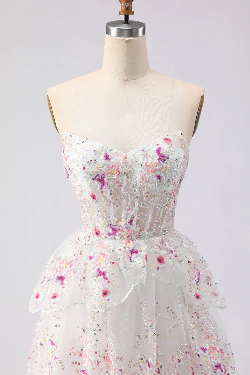 Black Pink Flower Strapless A-Line Tiered Sequin Long Prom Dress with Lace Up Back sold by Zapaka product image thumbnail 4