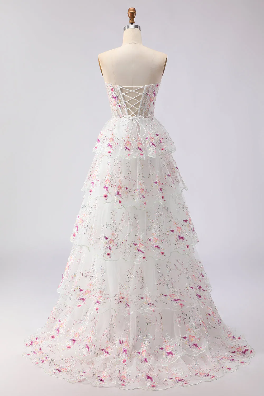 Black Pink Flower Strapless A-Line Tiered Sequin Long Prom Dress with Lace Up Back sold by Zapaka product image thumbnail 2