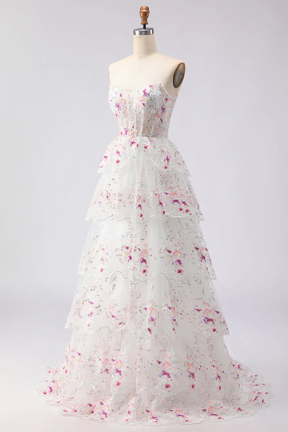 Black Pink Flower Strapless A-Line Tiered Sequin Long Prom Dress with Lace Up Back sold by Zapaka product image thumbnail 3