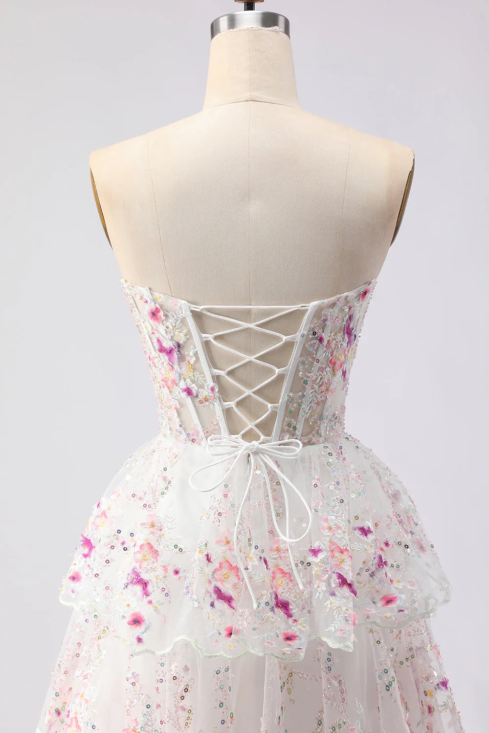Black Pink Flower Strapless A-Line Tiered Sequin Long Prom Dress with Lace Up Back sold by Zapaka product image thumbnail 5