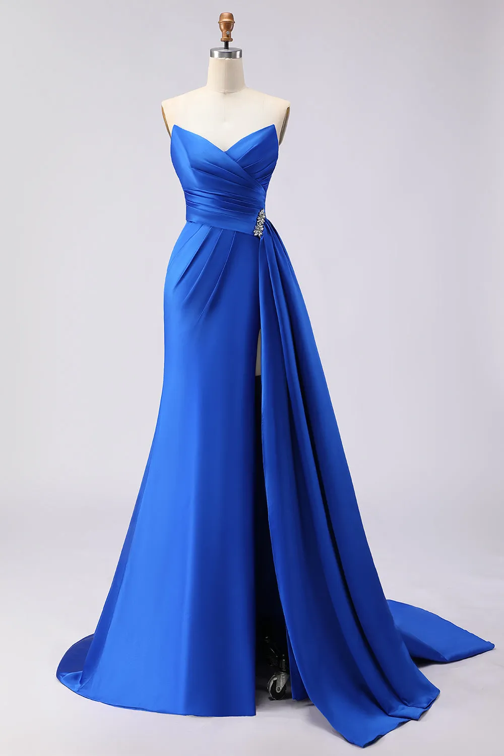 Royal Blue Strapless Mermaid Beaded Long Satin Prom Dress with Slit sold by Zapaka
