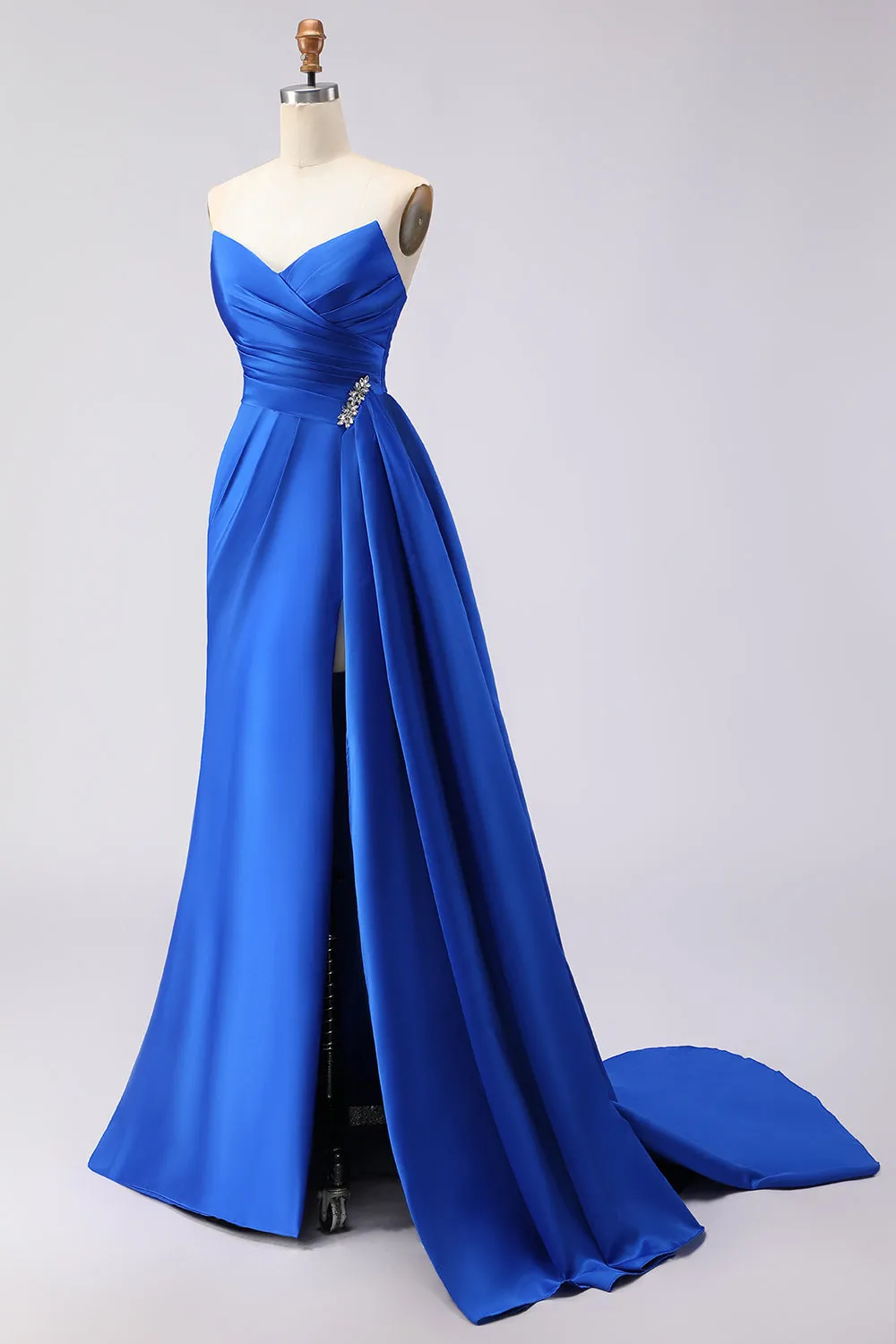 Royal Blue Strapless Mermaid Beaded Long Satin Prom Dress with Slit sold by Zapaka product image thumbnail 3