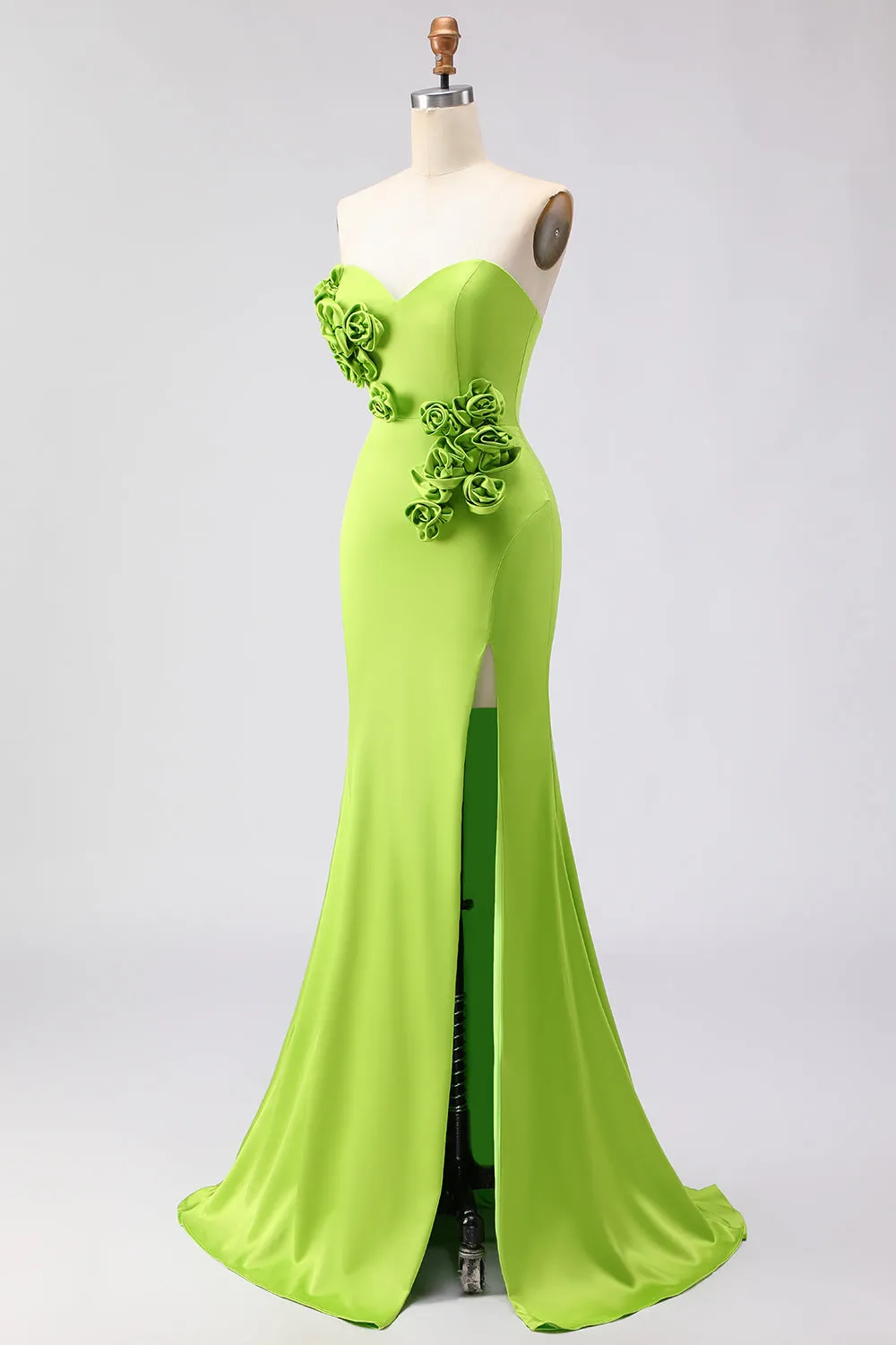 Green Mermaid Strapless 3D Flowers Maxi Dress with Slit sold by Zapaka product image thumbnail 3