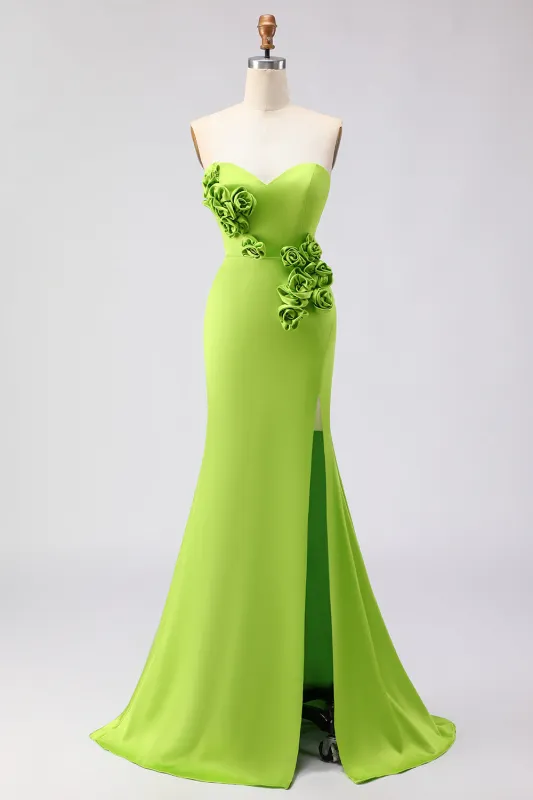 Green Mermaid Strapless 3D Flowers Maxi Dress with Slit sold by Zapaka