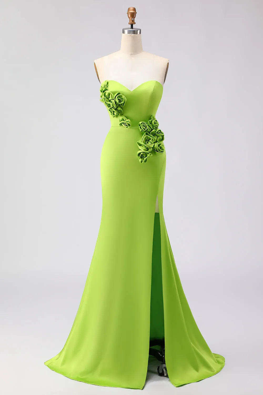 Green Mermaid Strapless 3D Flowers Maxi Dress with Slit sold by Zapaka