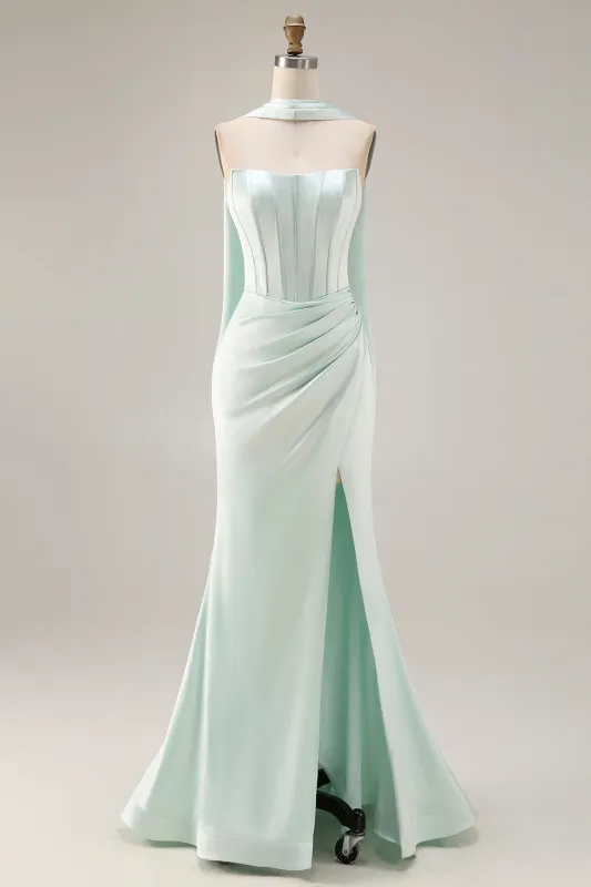 Light Green Strapless Mermaid Corset Side Slit Maxi Dress with a Neck Scarf made by Zapaka