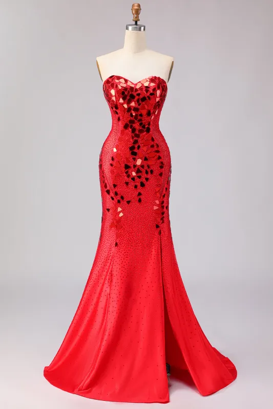 Red Strapless Mermaid Beaded Side Slit Long Prom Dress with Mirror sold by Zapaka
