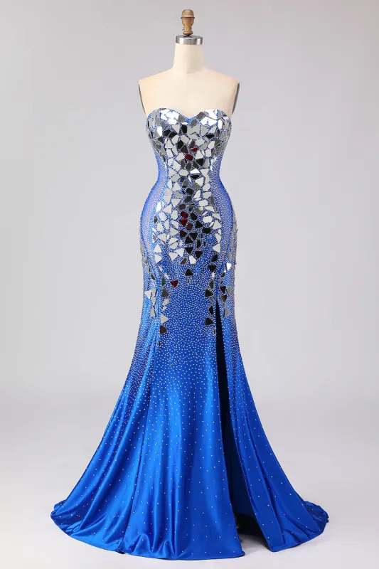 Royal Blue Mermaid Strapless Beaded Side Slit Long Prom Dress with Mirror made by Zapaka