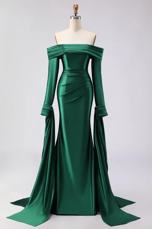 Dark Green Mermaid Off The Shoulder Satin Long Prom Dress with Long Sleeve sold by Zapaka
