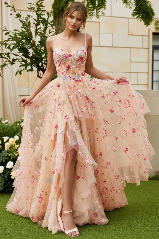 Champagne Flower A Line Ruffled Corset Long Prom Dress with Slit sold by Zapaka