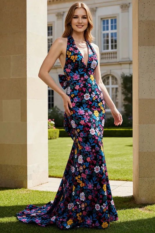 Halter Black Flower Mermaid Long Prom Dress with Bow sold by Zapaka