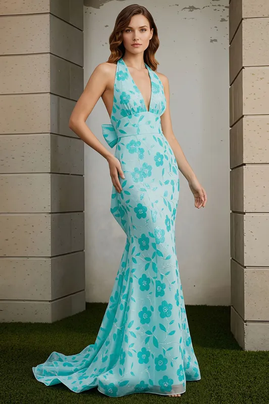 Green Mermaid Halter Printed Long Prom Dress with Bow sold by Zapaka