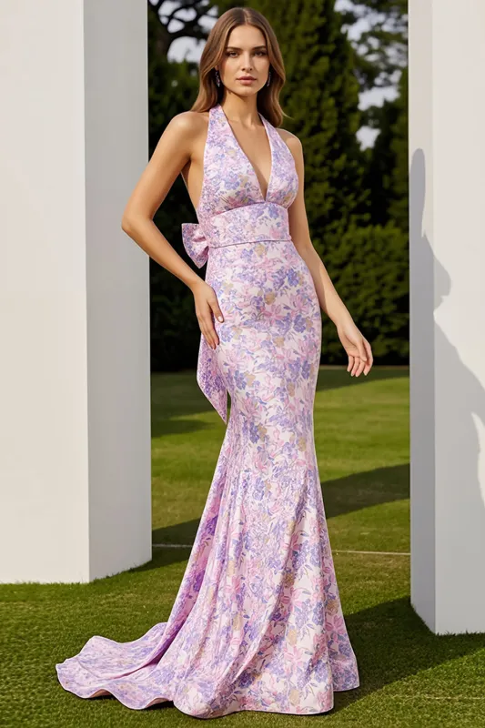 Halter Mermaid Lilac Floral Long Prom Dress with Bow made by Zapaka