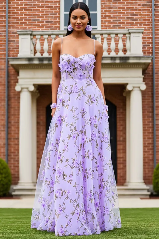 Lilac Floral A-Line Spaghetti Straps Long Prom Dress with 3D Flowers sold by Zapaka