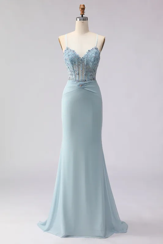 Dusty Blue Mermaid Corset Beaded Long Prom Dress with Lace Up Back sold by Zapaka