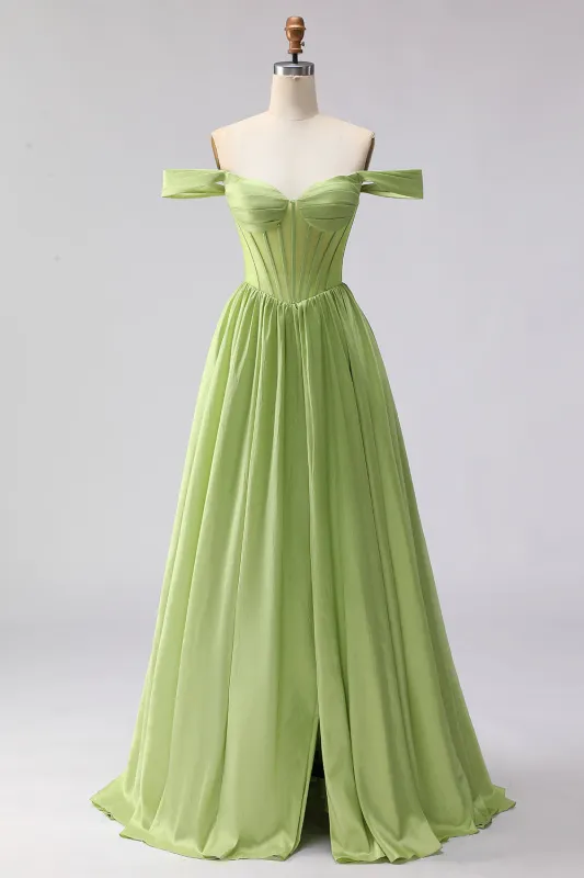 Green Off The Shoulder Satin A-Line Corset Long Prom Dress with Slit sold by Zapaka