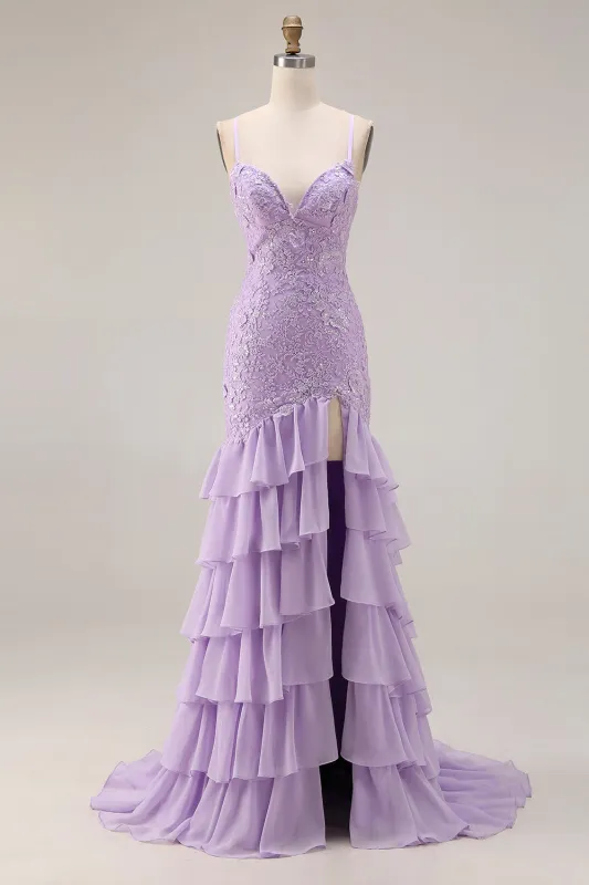 Purple Mermaid Spaghetti Straps Lace Up Back Long Prom Dress with Ruffled Slit sold by Zapaka
