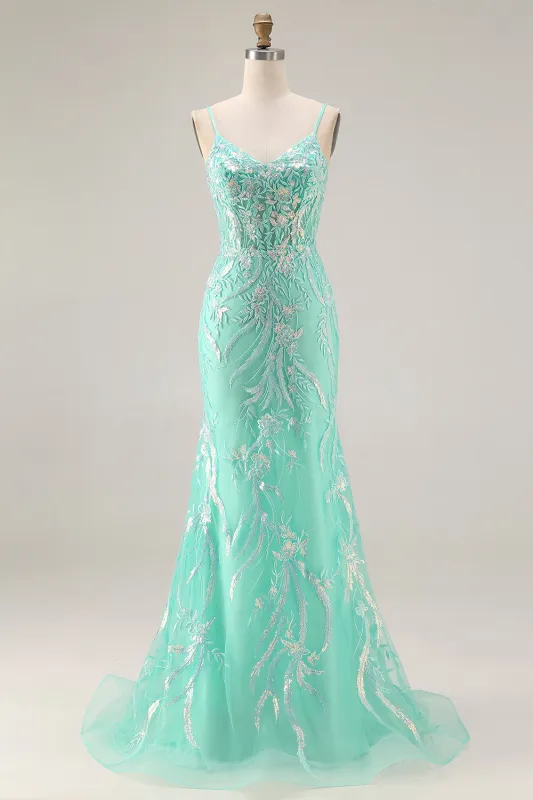 Mermaid Sequins Corset Long Mint Green Prom Dress with Embroidery sold by Zapaka