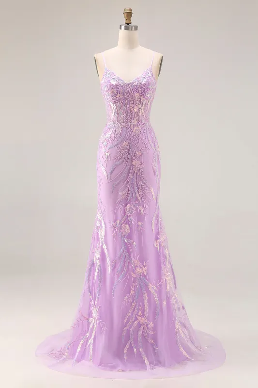Sparkly Purple Mermaid Corset Sequins Long Prom Dress with Lace Appliques sold by Zapaka