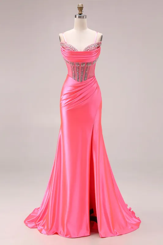 Pink Mermaid Satin Beaded Corset Long Prom Dress with Slit sold by Zapaka