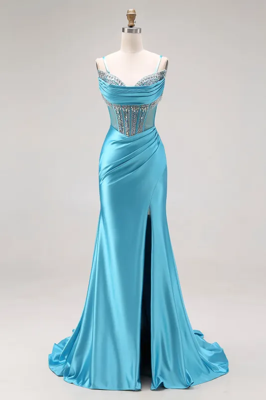 Lake Blue Mermaid Corset Satin Beaded Long Prom Dress with Slit sold by Zapaka