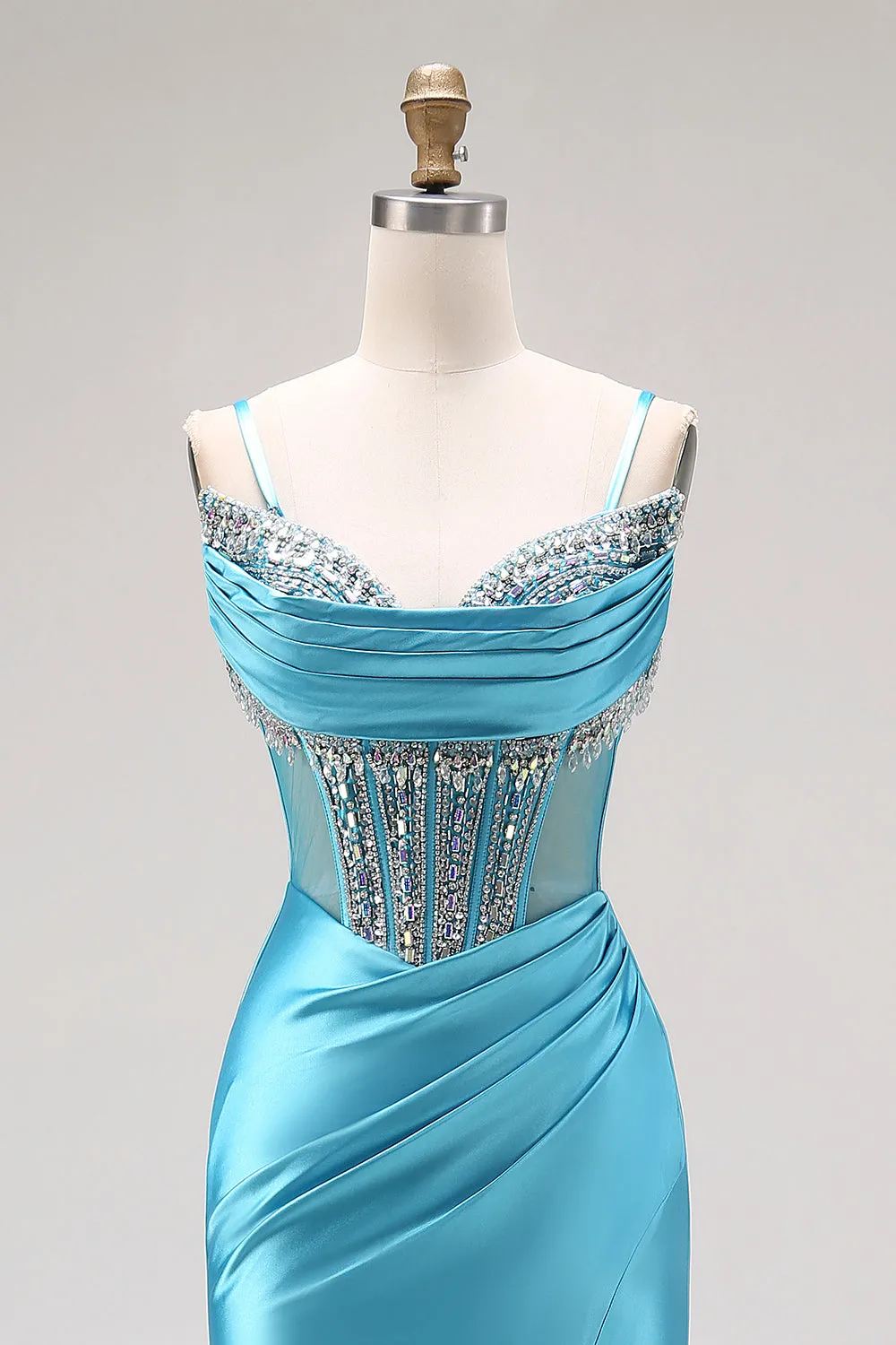 Lake Blue Mermaid Corset Satin Beaded Long Prom Dress with Slit sold by Zapaka product image thumbnail 4