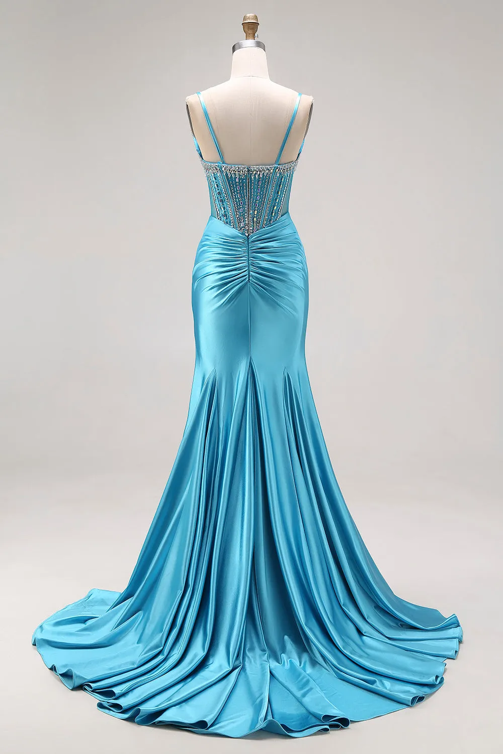 Lake Blue Mermaid Corset Satin Beaded Long Prom Dress with Slit sold by Zapaka product image thumbnail 2