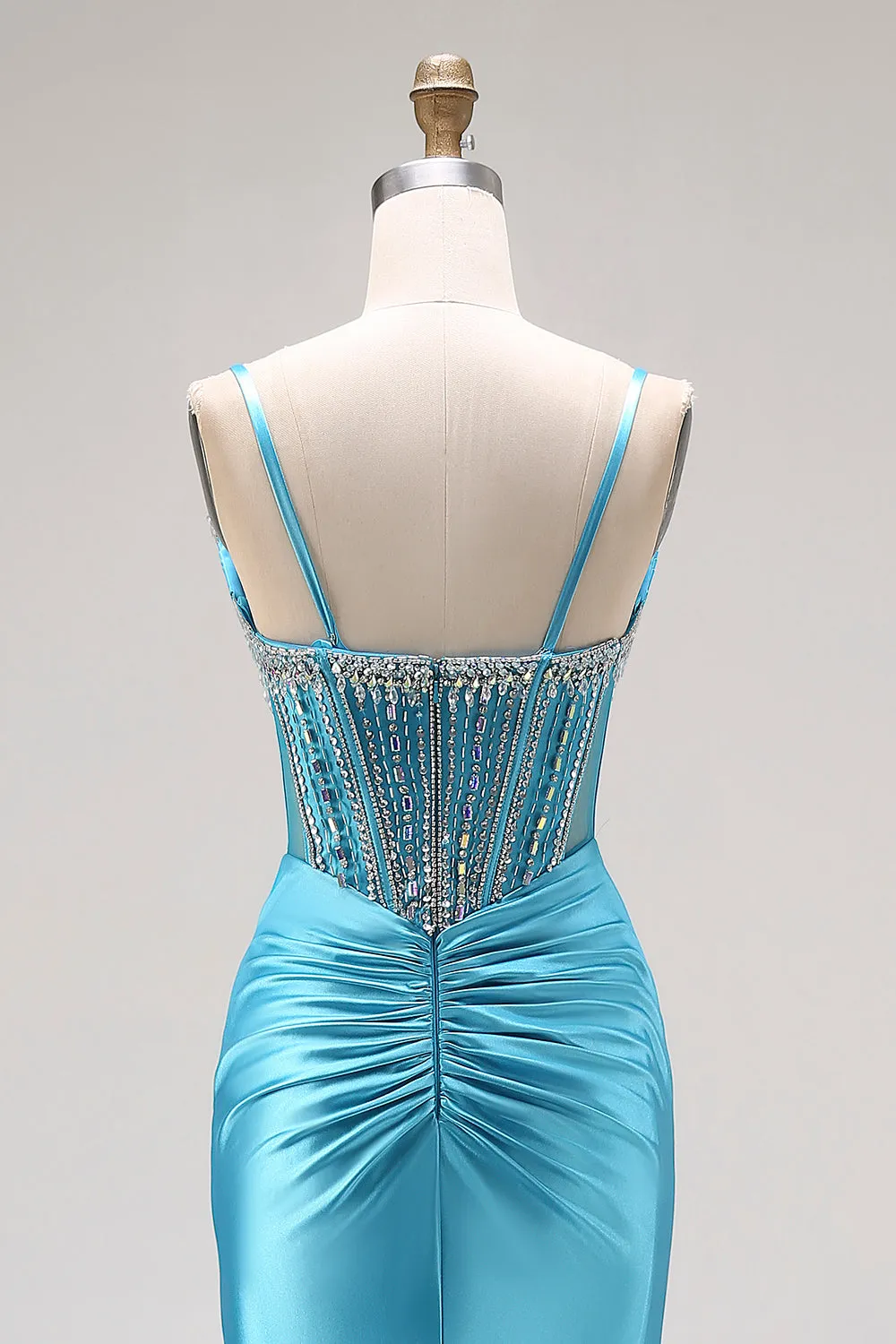 Lake Blue Mermaid Corset Satin Beaded Long Prom Dress with Slit sold by Zapaka product image thumbnail 5