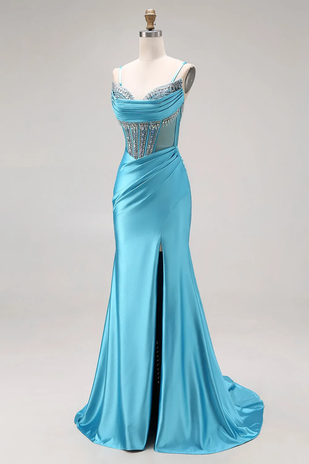 Lake Blue Mermaid Corset Satin Beaded Long Prom Dress with Slit sold by Zapaka product image thumbnail 3