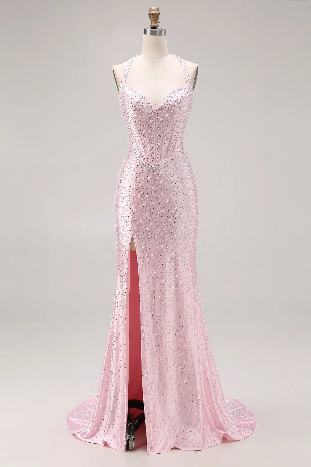Light Pink Mermaid Beaded Halter Pearls Long Prom Dress with Slit sold by Zapaka