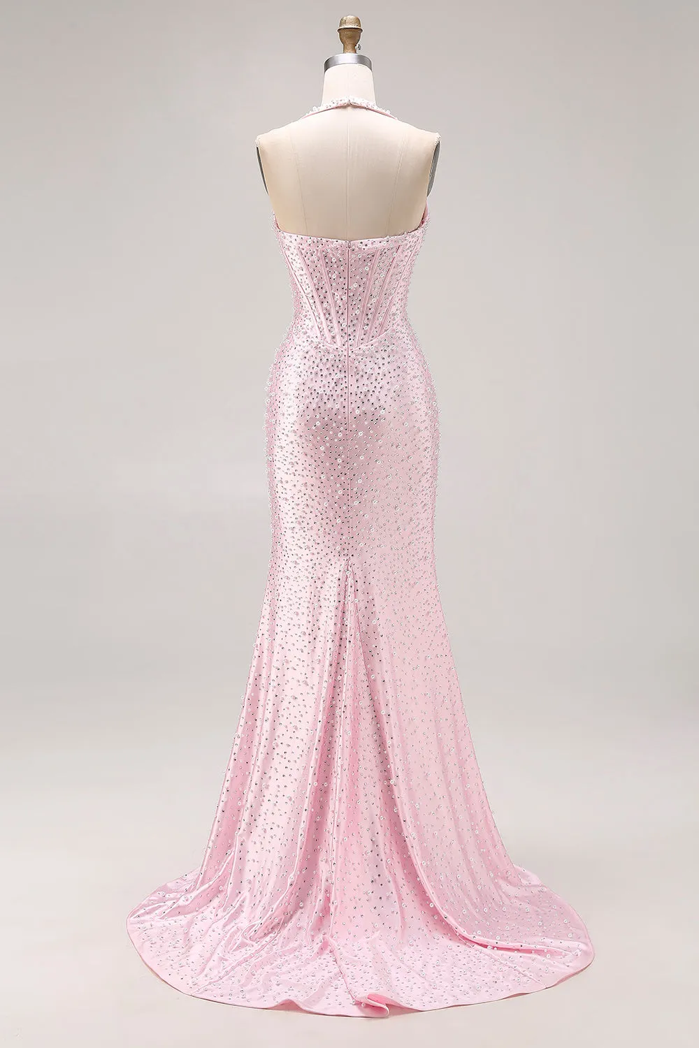 Light Pink Mermaid Beaded Halter Pearls Long Prom Dress with Slit sold by Zapaka product image thumbnail 2