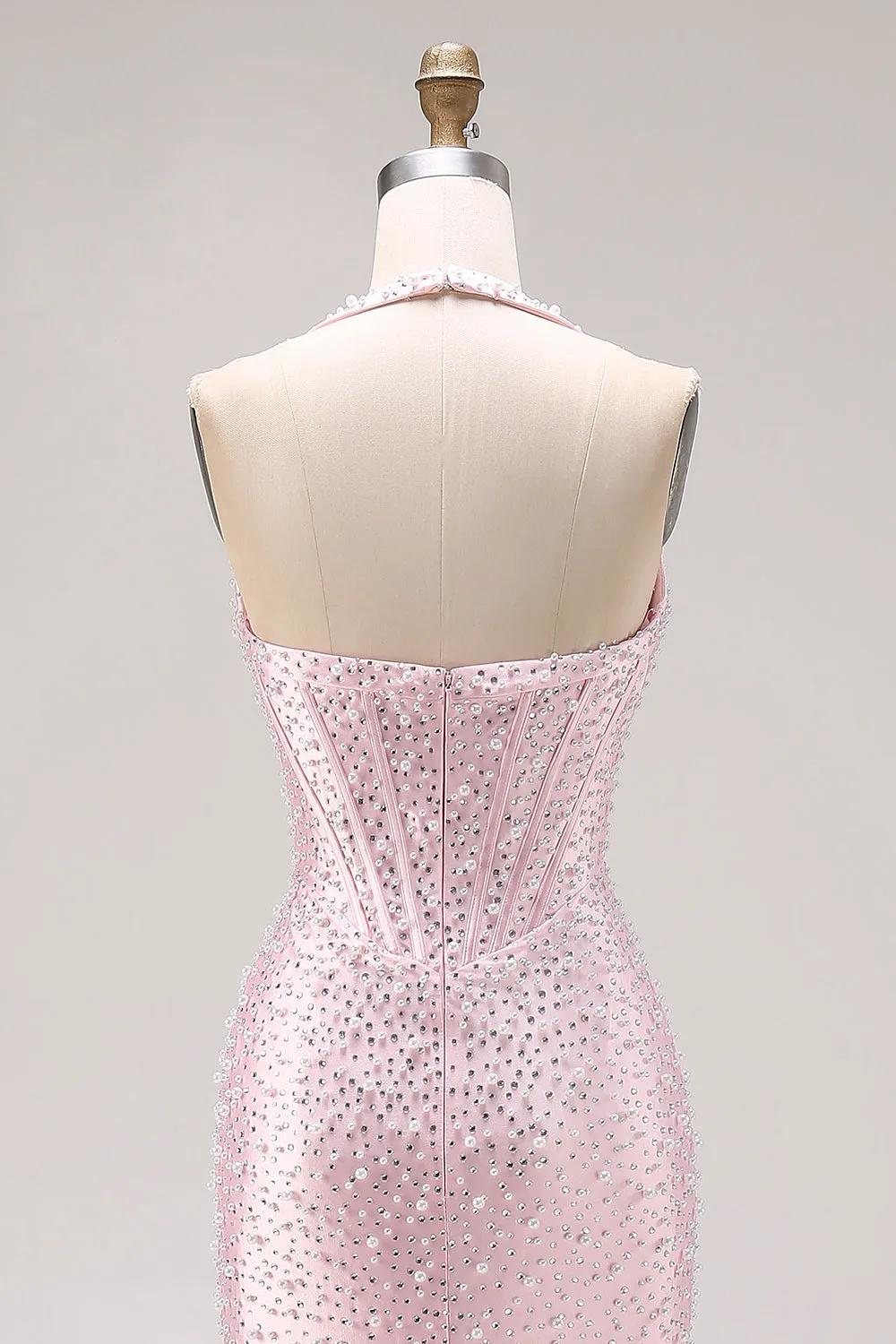 Light Pink Mermaid Beaded Halter Pearls Long Prom Dress with Slit sold by Zapaka product image thumbnail 5