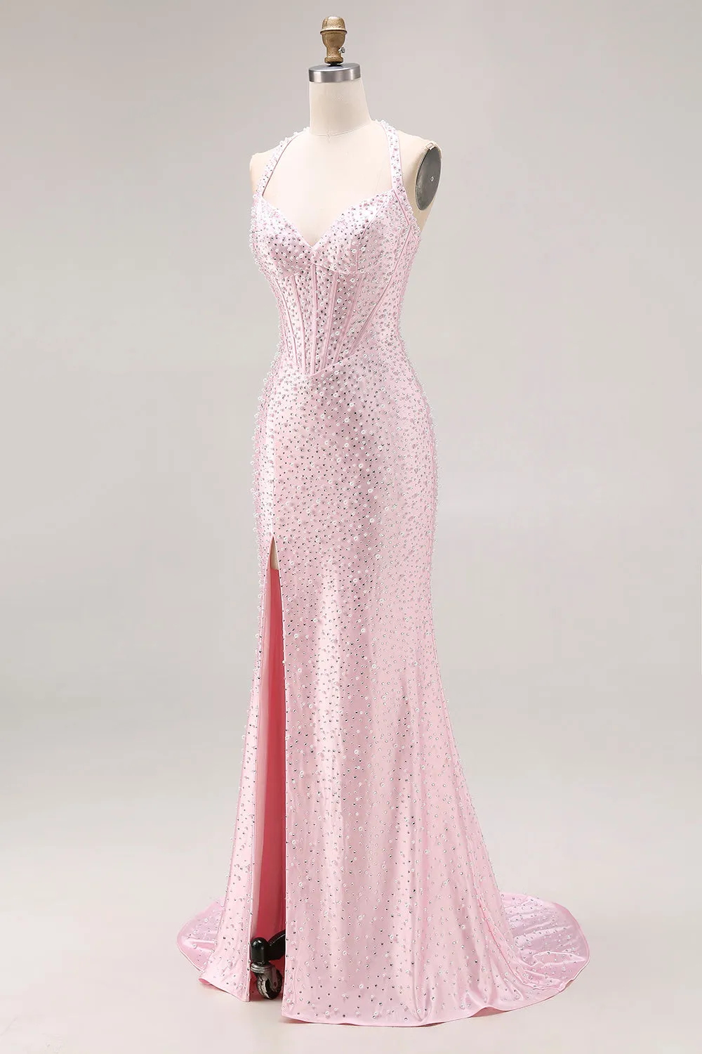 Light Pink Mermaid Beaded Halter Pearls Long Prom Dress with Slit sold by Zapaka product image thumbnail 3