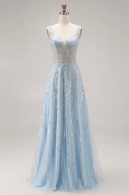 Sparkly Light Blue A-Line Beaded Long Prom Dress with Sequins sold by Zapaka